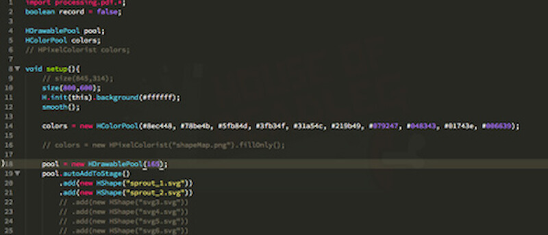 4. The two sprout SVG's and the PNG placeholder image are linked into the Processing file and the canvas is set to the same size as the PNG. I made a range of colours by creating a blend between two different greens, expanded it and extracting the colour values. The program will pick a random sprout SVG, use random colours from the selected range to colour each bit of artwork (as the SVGs are ungrouped each leaf will be coloured separately), applies a random rotation and scale and then places the artwork on the canvas. It took a couple of attempts to get the best coverage, but in the end the program was set to do this process 120 times. Every time its run the result is different. I used two different run-through's in the final artwork.