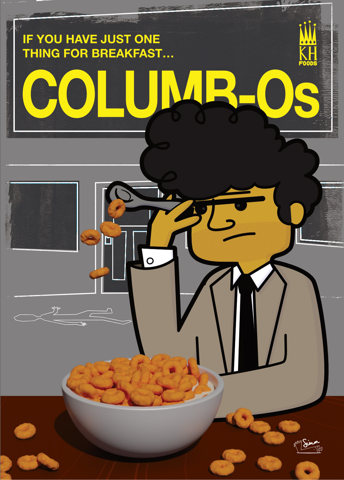 Columb-Os cereal box mascot illustration of Lieutenant Columbo with a bowl of orange cereal hoops.