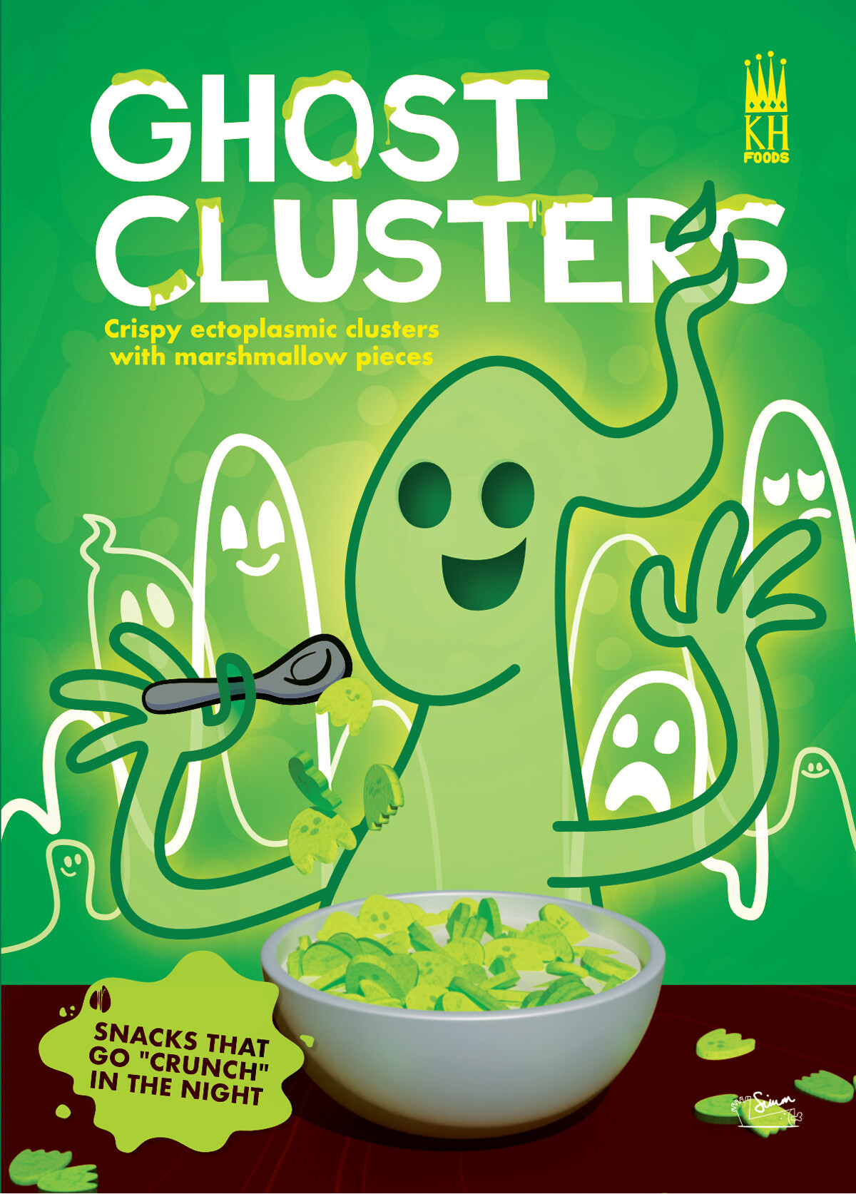 Ghost Clusters cereal box design featuring a green ghost mascot character eating a bowl of spooky breakfast cereal.