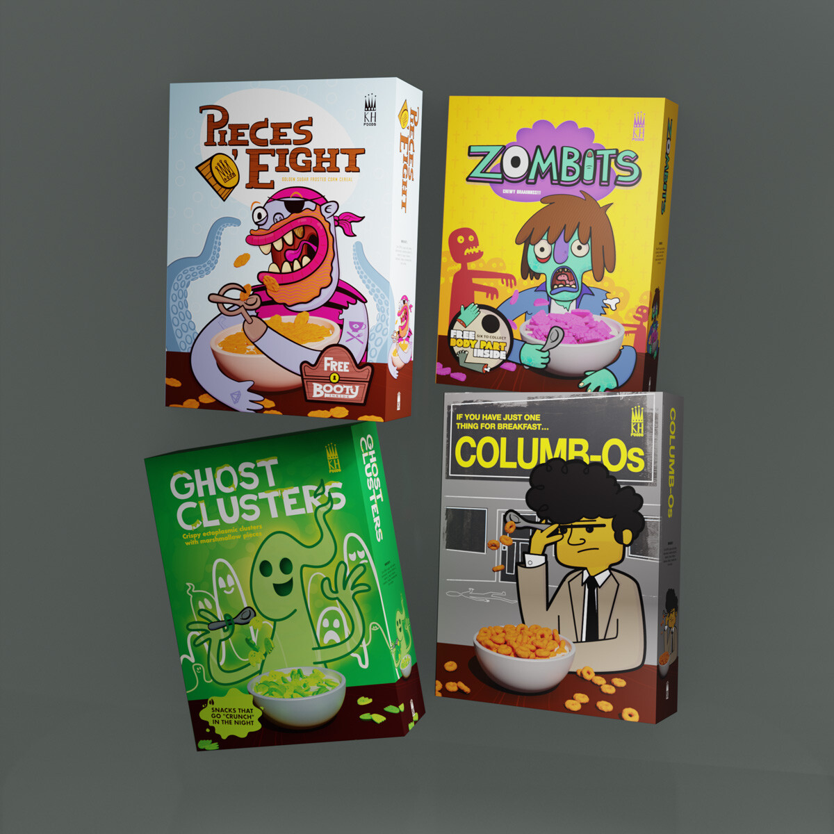 Colourful illustrated cereal box mockups featuring retro cartoon character designs for custom food packaging.