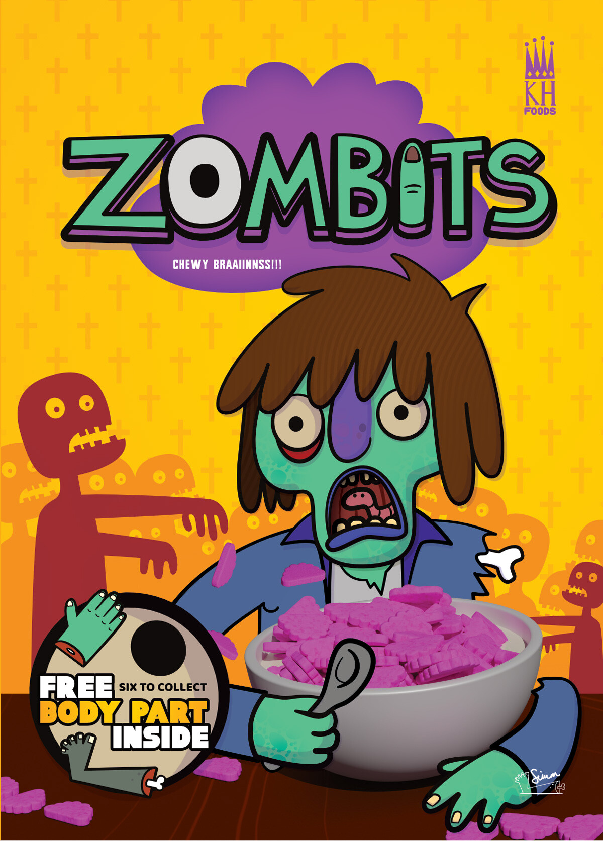 Colourful Zombits cereal box illustration with a cartoon zombie mascot eating pink brain-shaped cereal.