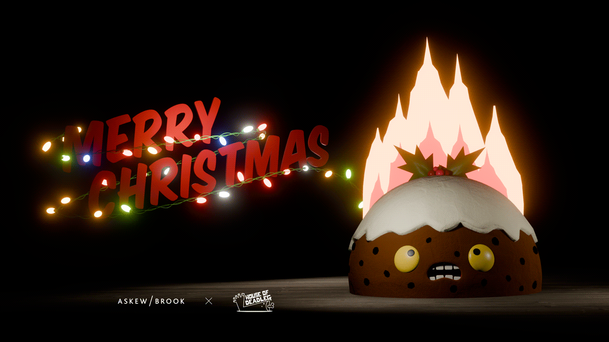 3D animated Christmas card of Christmas pudding on fire.