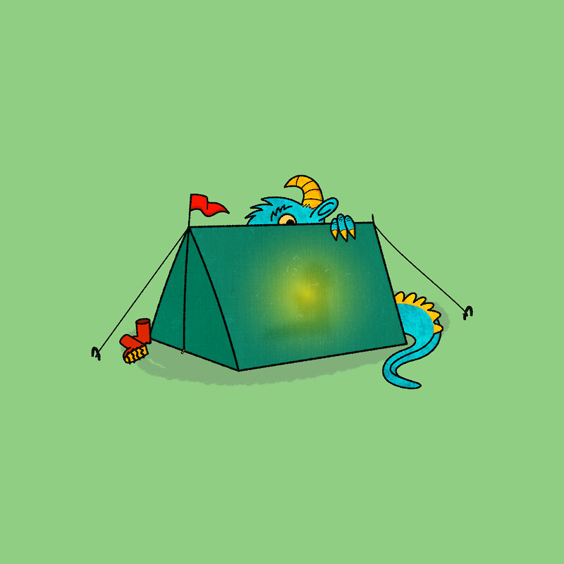Illustration of tent with an unseen monster looming over it.