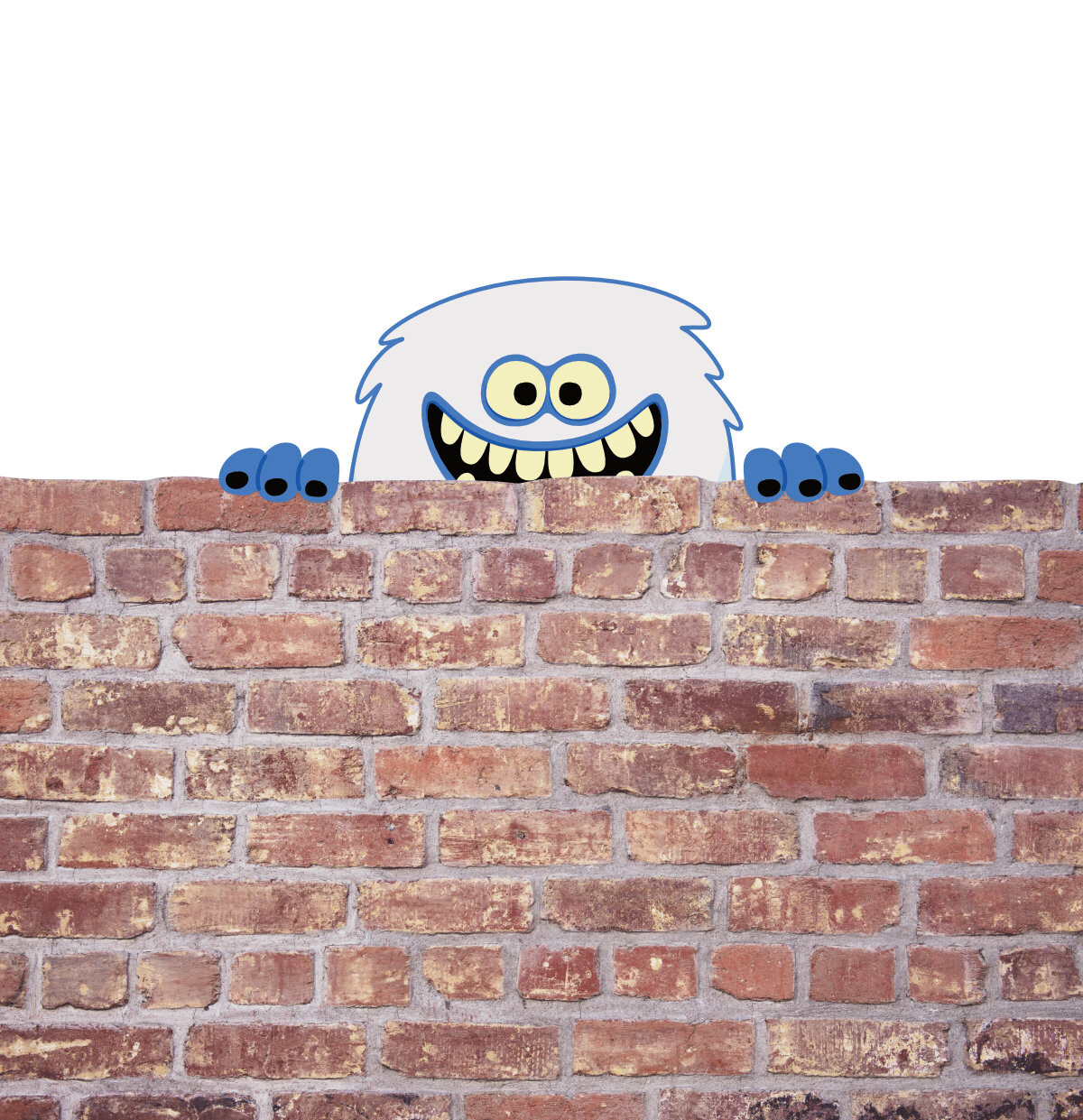 Friendly cartoon yeti character design peeking over a wall with a happy smile. Cute abominable snowman.