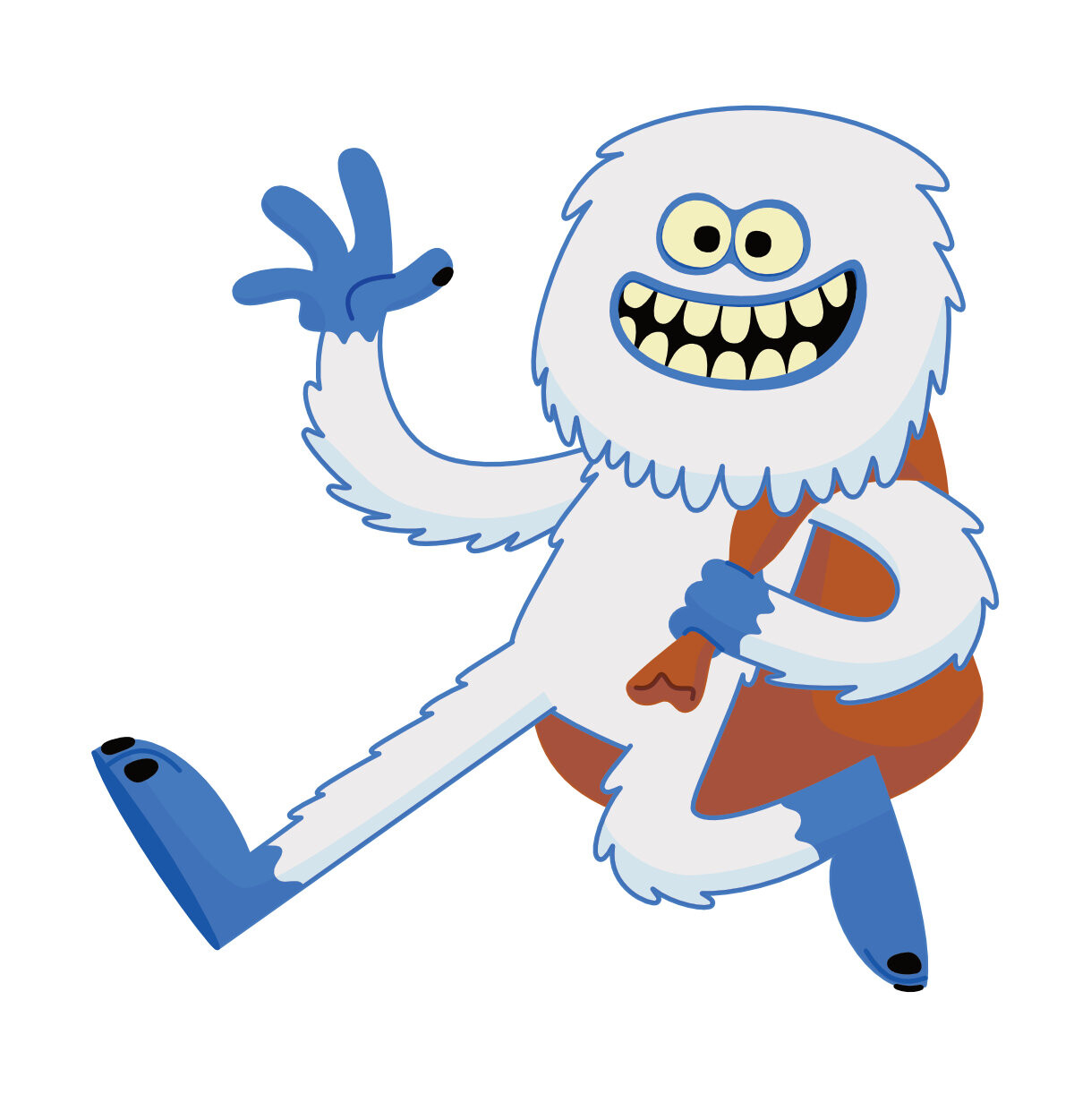 Friendly cartoon yeti character design in a walking pose, waving with a happy smile and carrying a sack. Cute abominable snowman.