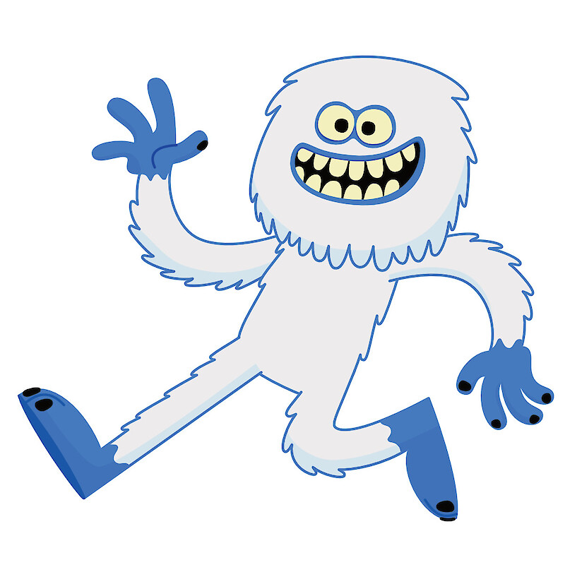 Friendly cartoon yeti character design in a walking pose, waving with a happy smile. Cute abominable snowman.