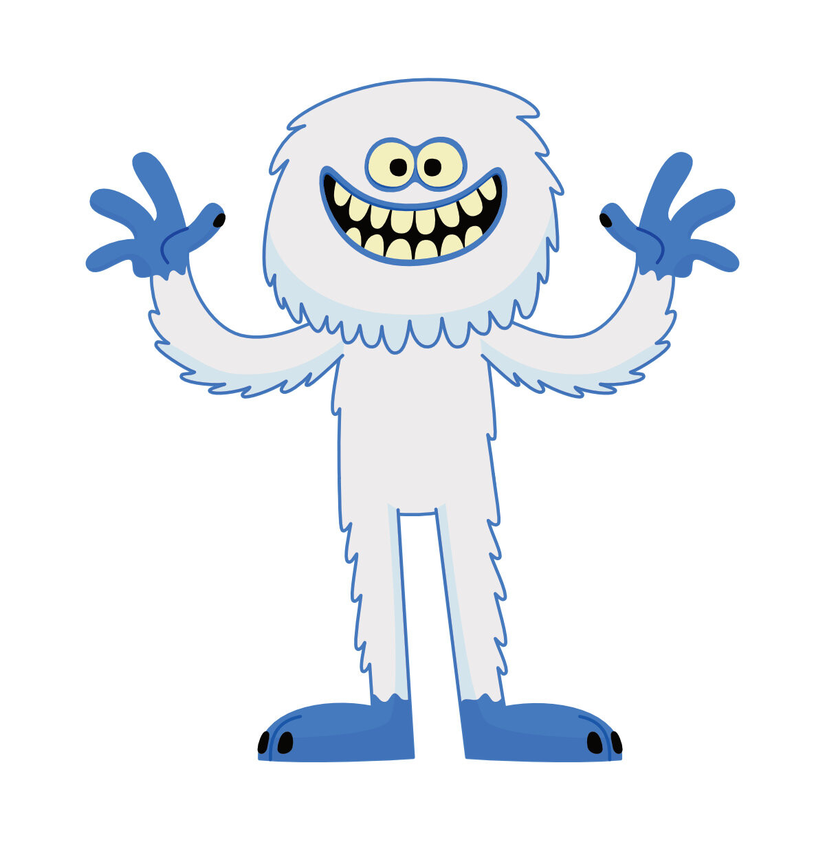Friendly cartoon yeti character design in a standing pose, waving with a happy smile. Cute abominable snowman.