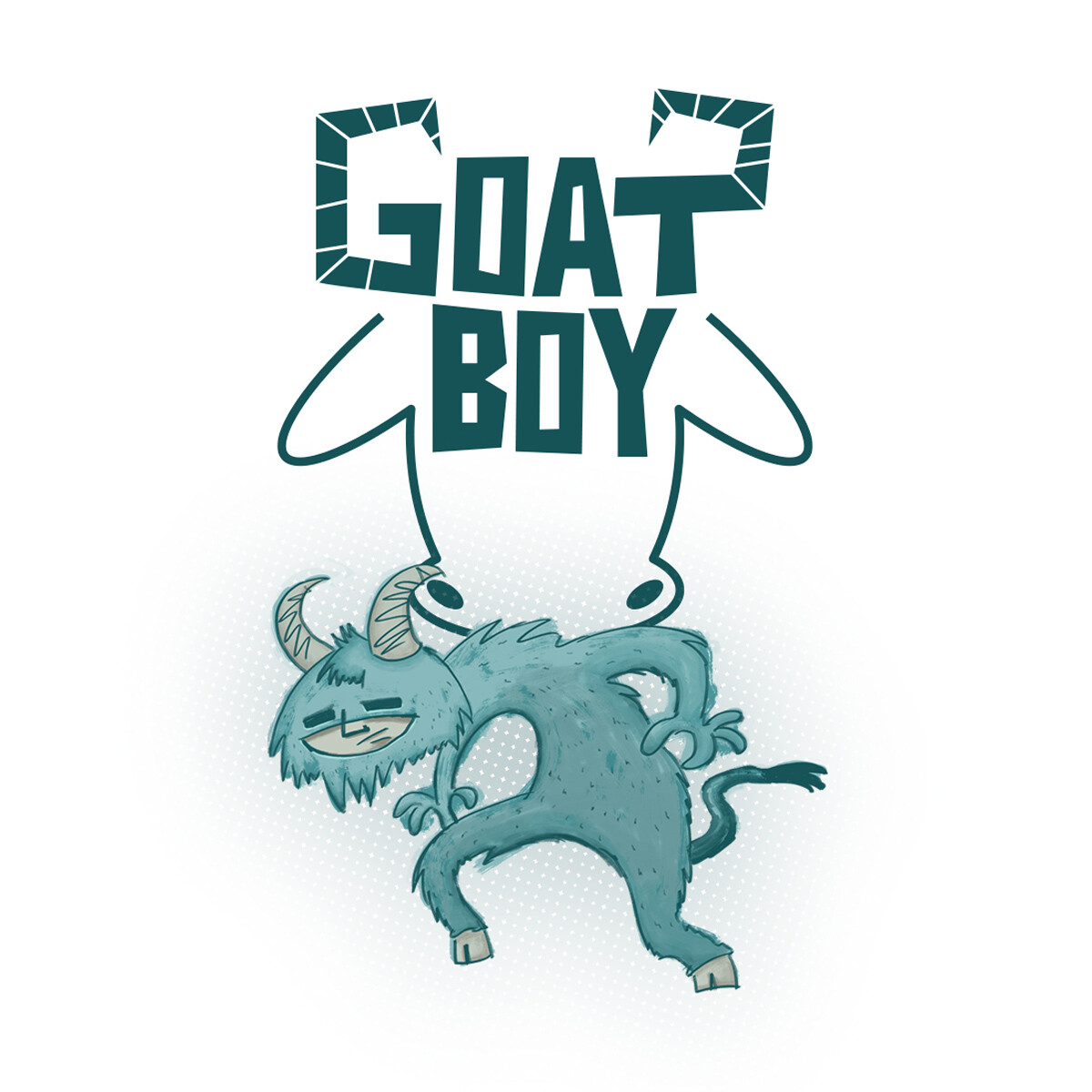 Stylised Goat Boy logo design featuring a blue-grey horned cartoon superhero character illustration.