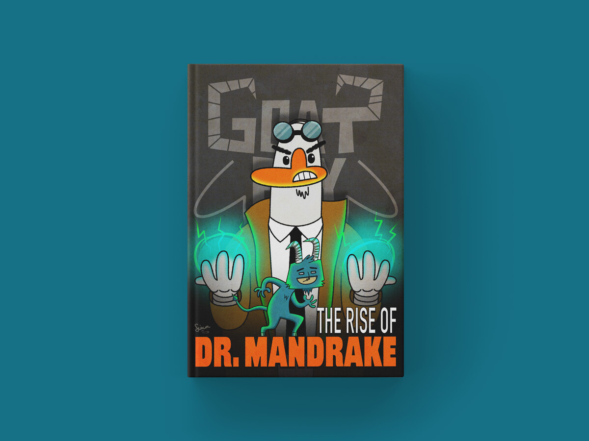 Goat Boy and the Rise of Dr. Mandrake book cover mockup featuring colourful cartoon illustration characters.