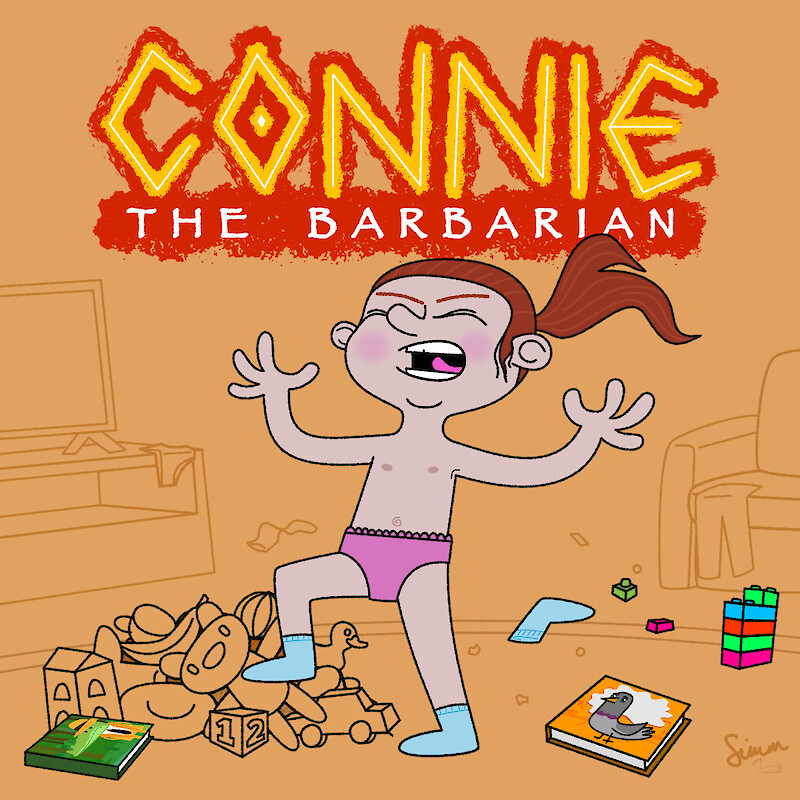 Children's picture book illustration for Connie the Barbarian, showing a roaring toddler playing in a messy room.