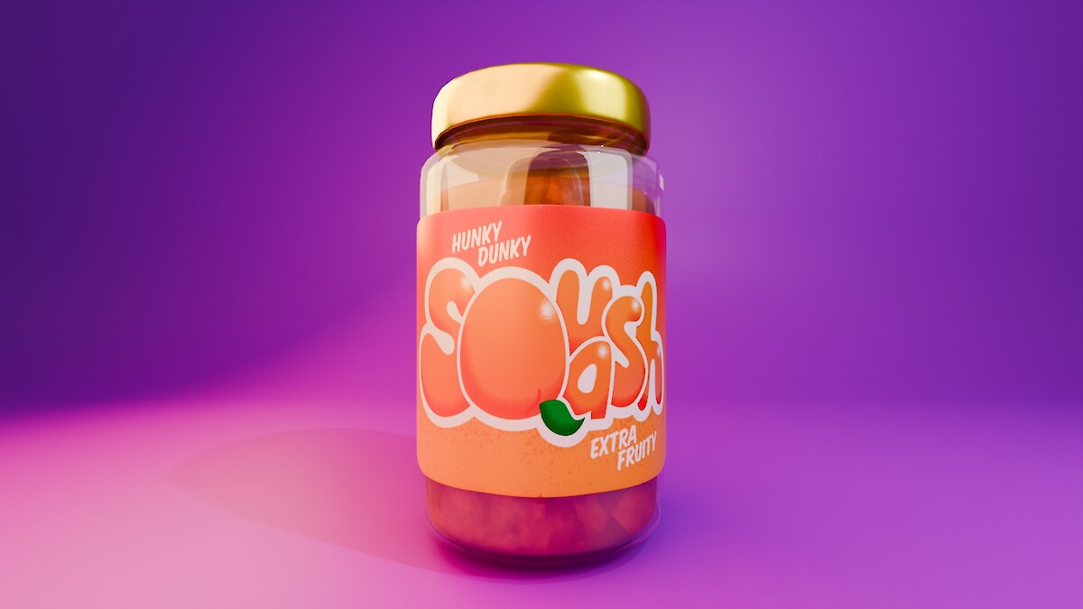 3D render of orange Squash jam jar with colourful hand-drawn bubble-style logo on a pink and purple background.