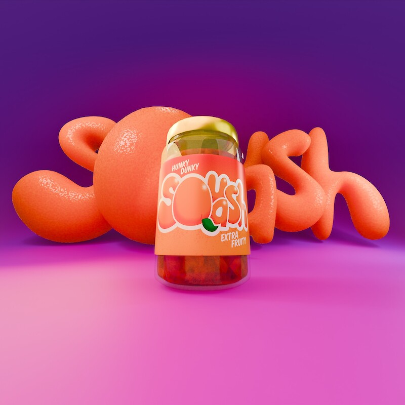 3D render of orange Squash jam jar with colourful hand-drawn bubble-style logo on a pink and purple background.