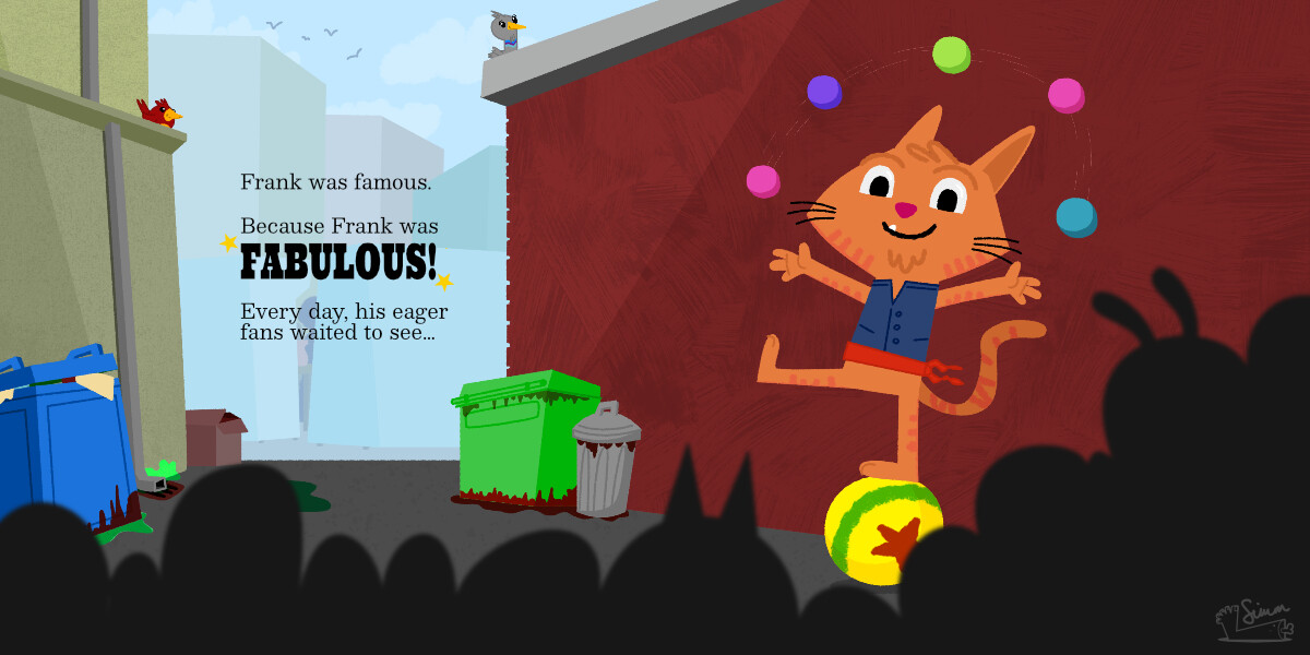 Children's book illustration of a ginger cat juggling colourful balls in an alleyway for an audience.