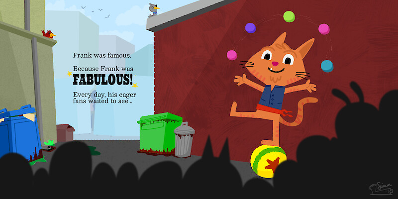 Children's book illustration of a ginger cat juggling colourful balls in an alleyway for an audience.
