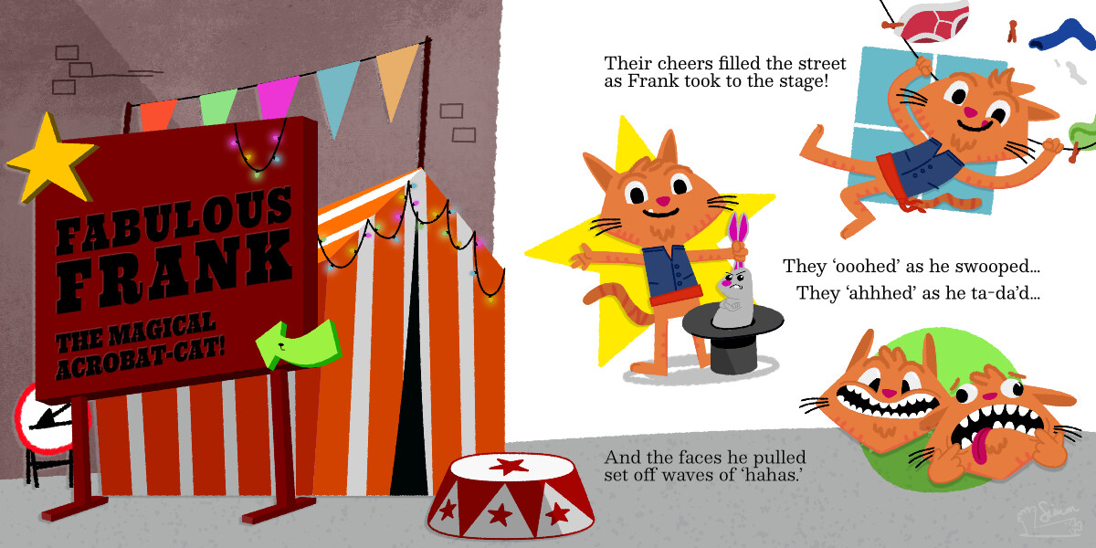 Colourful children's book illustration featuring an orange circus cat magician, funny faces, and a striped tent.