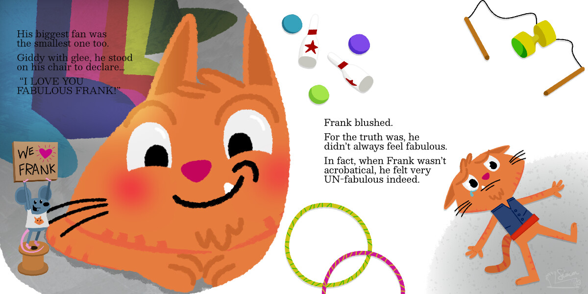 Colourful children's book illustration of a happy orange cat, a cute mouse, and a crying cat with circus toys.
