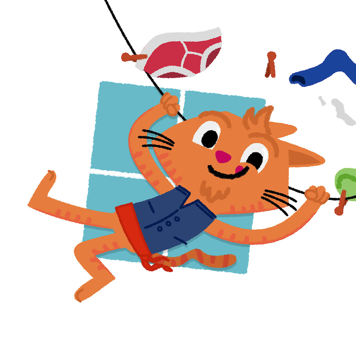 Colourful children's book illustration of a happy orange cat doing the trapeze on a washing line