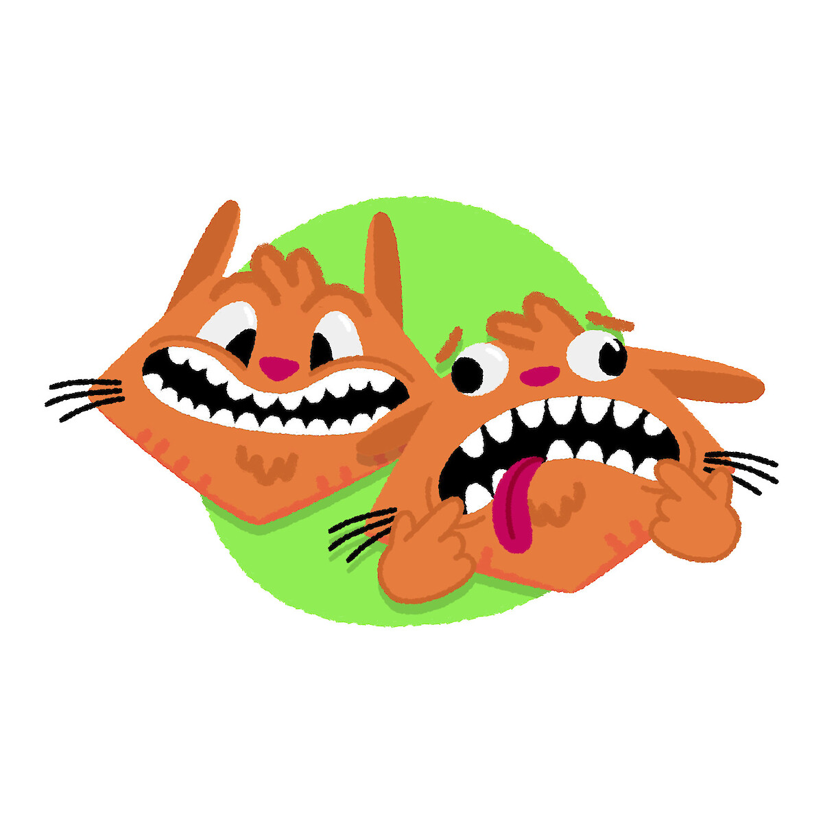 Colourful children's book illustration of a happy orange cat pulling faces
