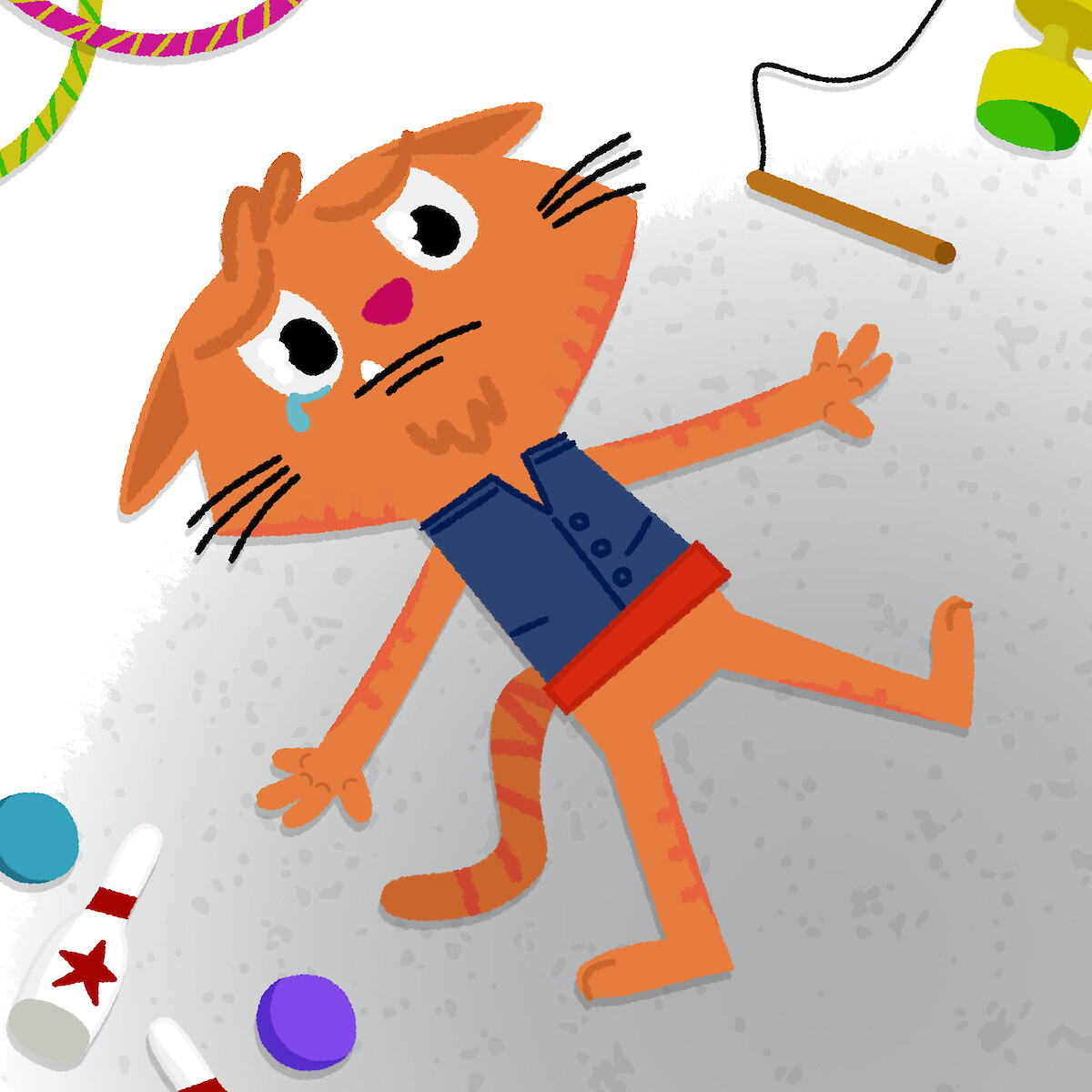 Colourful children's book illustration of a sad orange cat lying on the floor crying