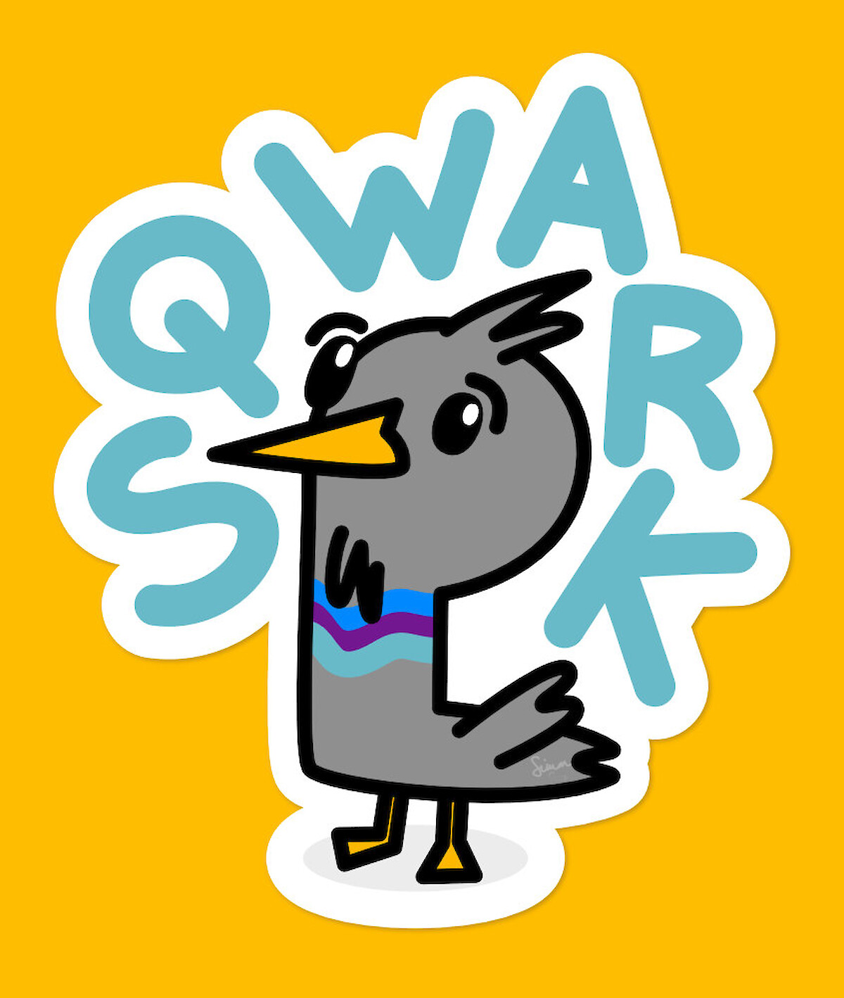 Cute cartoon pigeon sticker design featuring a grey bird illustration with a yellow beak and the word SQWARK in blue bubble letters, set against a vibrant yellow background.
