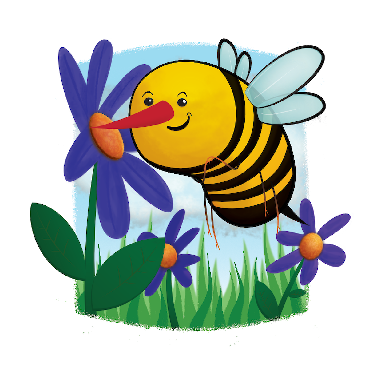 Colorful children's book illustration of a friendly yellow and black honeybee character flying in a grassy meadow with purple daisies.