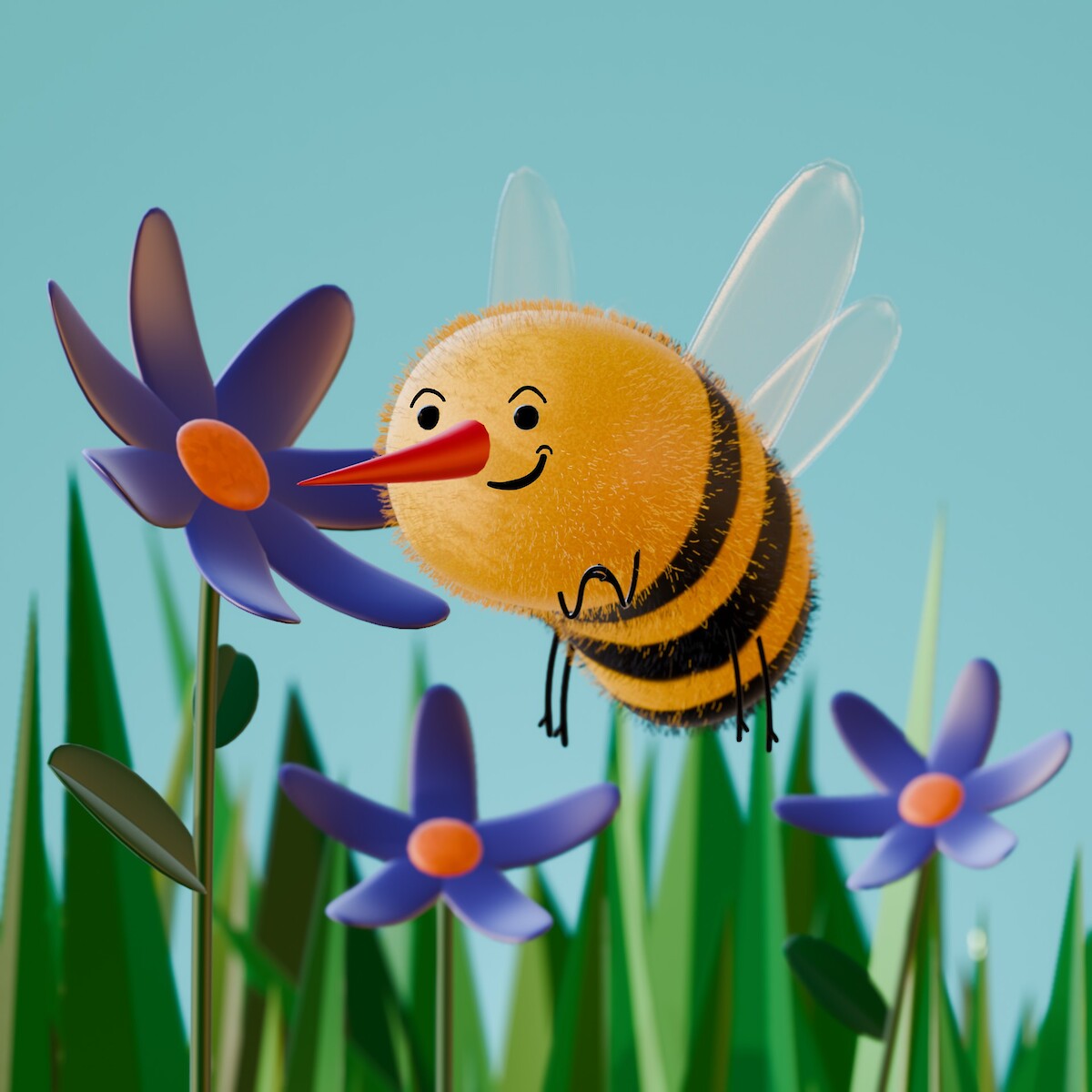 3D render of a cute, fuzzy cartoon bumblebee with a smiling face and red nose, flying next to purple flowers in a grassy field.