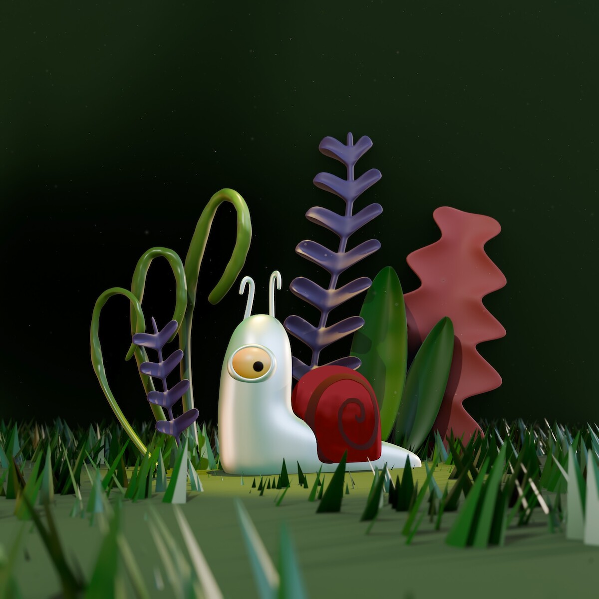 A whimsical 3D render of a cute cartoon snail with a red shell, set in a stylized digital forest with colourful plants and low-poly green grass.