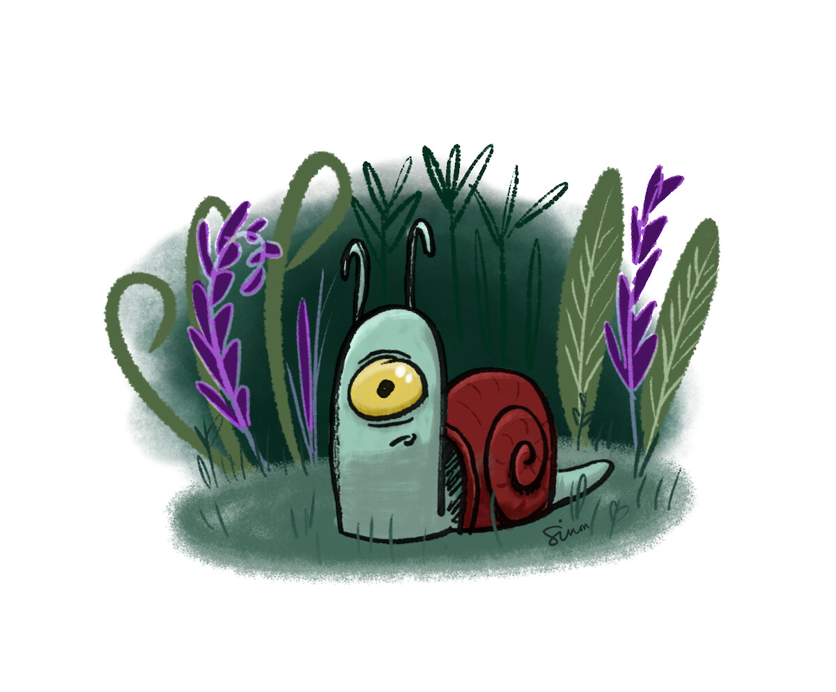 Cute cartoon illustration of a one-eyed blue cyclops snail with a red shell crawling through a garden of green plants and purple flowers.
