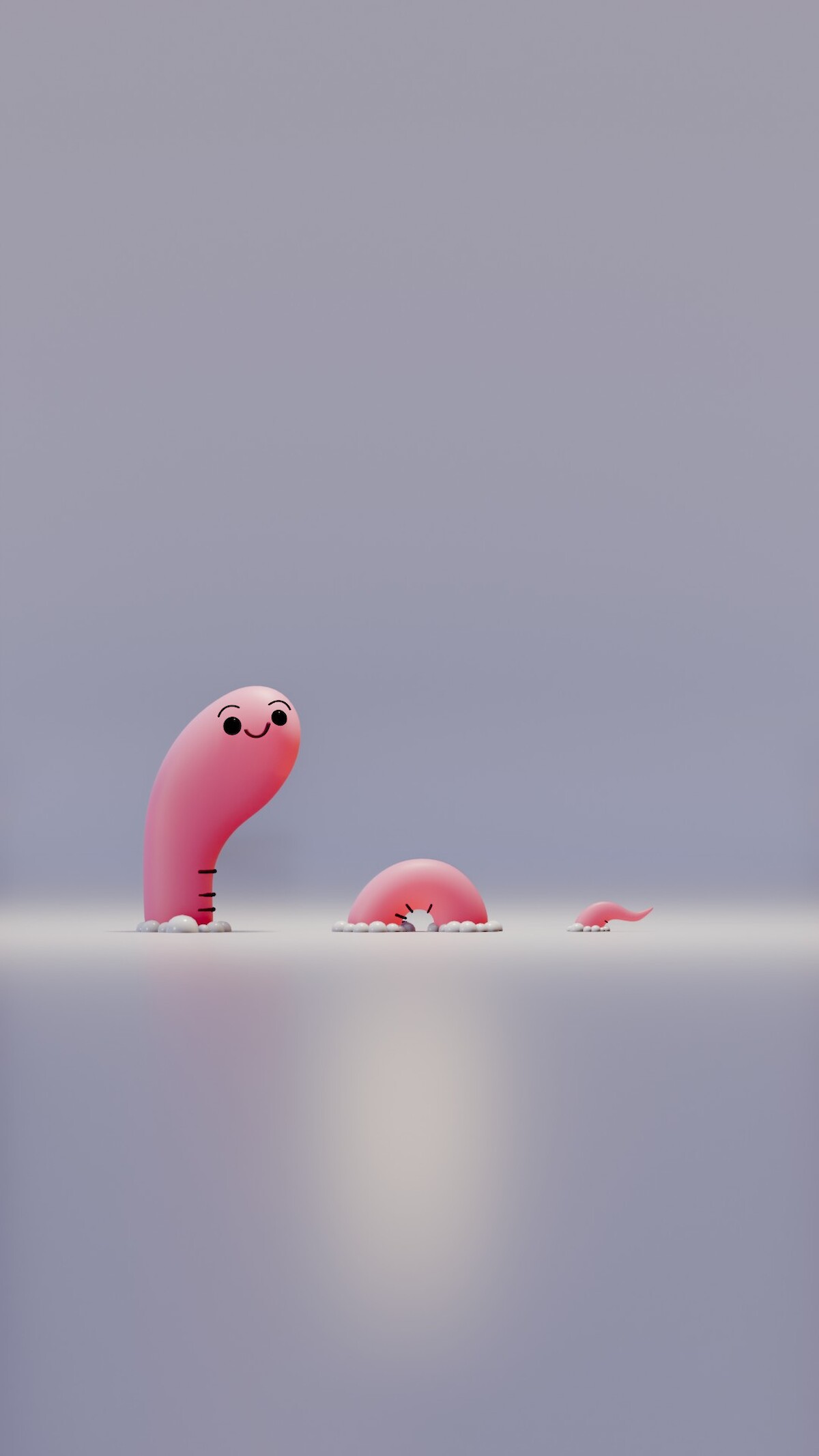 Cute 3D pink worm character illustration with a happy smiling face crawling in a minimalist digital art style.